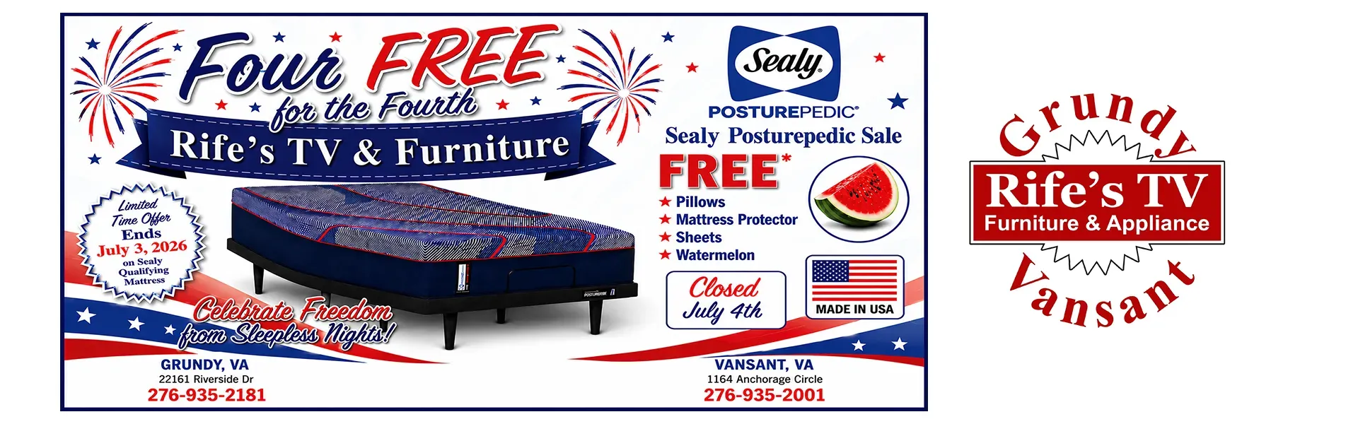 Four Free For The 4th of July at Rife´s TV and Furniture